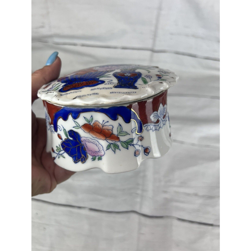 Vintage China Hand Painted Porcelain Trinket Jewelry Box Floral Basket Vase